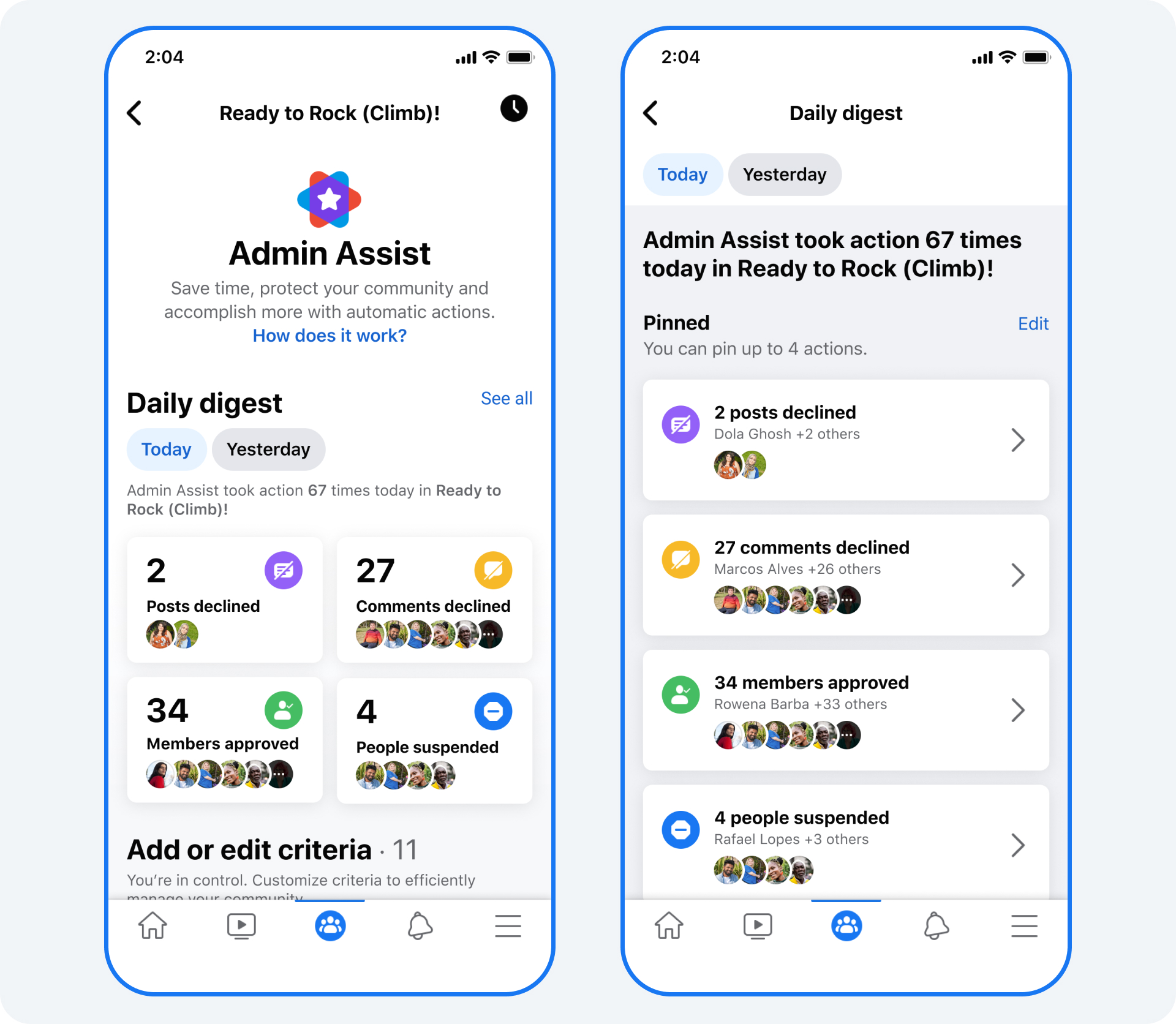 The user interface for Admin Assist within a Facebook group.